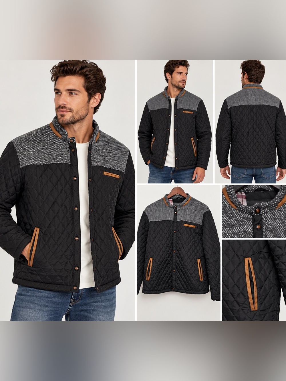Men’s Black Quilted Jacket Gray Knit Yoke Brown Trim Size M